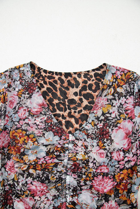 Reversible Two Way Wear Leopard Floral Print V Neck A Line Slit Midi Dress